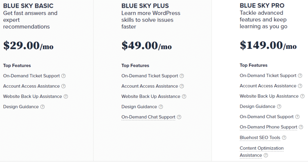 bluehost blue sky service packages